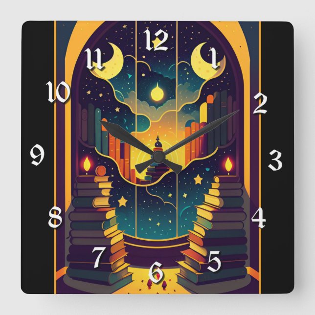 Zauberhaftes Reich der Bücher Quadratische Wanduhr (Vorderseite)