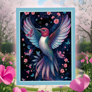 Zauberhummingbird Irisierende Flügel Rosa Blumen Postkarte