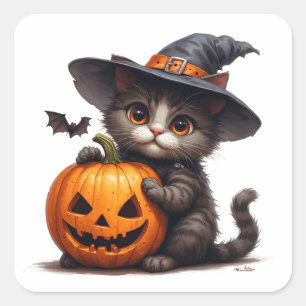 Zauberhütchen tragendes Kätzchen und Kürbis 🎃 Quadratischer Aufkleber