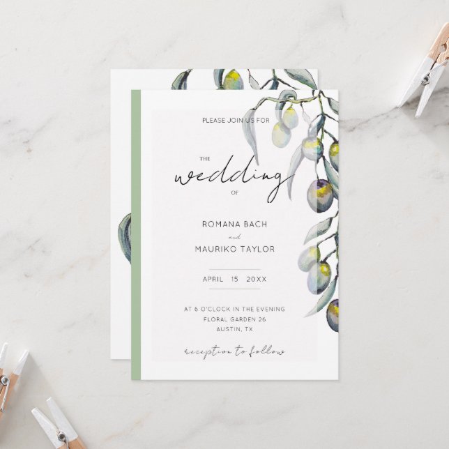 Zauberolive Branch Watercolor Handgemalt Einladung (Vorderseite/Rückseite Beispiel)