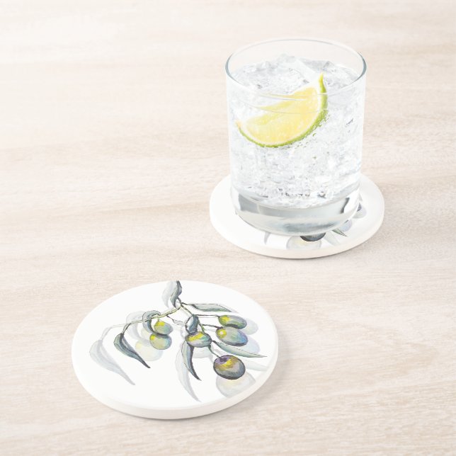 Zauberolive Branch Watercolor Handgemalt Getränkeuntersetzer (Seite)