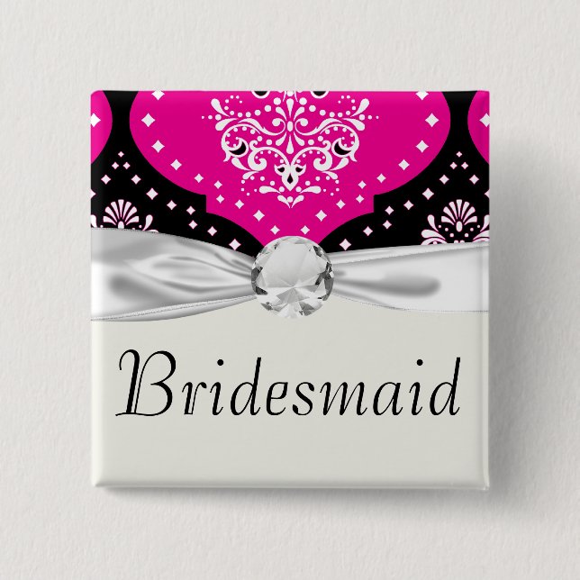 Zauberrosa Schwarz-weißer Henna-Damast Button (Vorderseite)