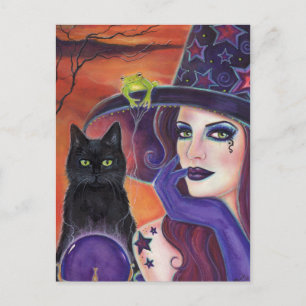 Zaubersprüche Halloween Hexe mit schwarzer Katze. Postkarte