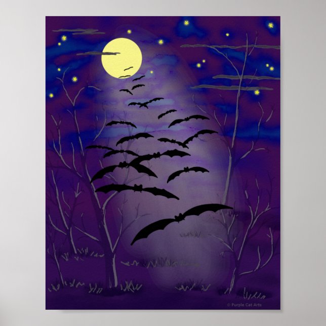 Zauberstunde mit Vollmond und Fledermäusen Poster (Vorne)