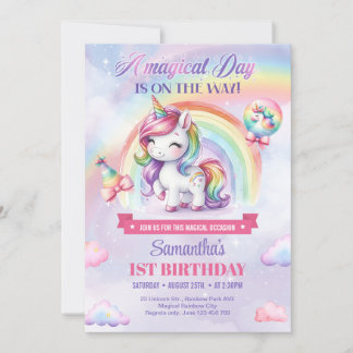 Zaubertag Einhorn und Regenbogen zum ersten Geburt Einladung