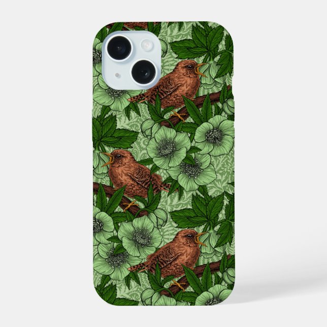 Zaunkönig und Christrose, hellgrün iPhone 15 Hülle (Rückseite)