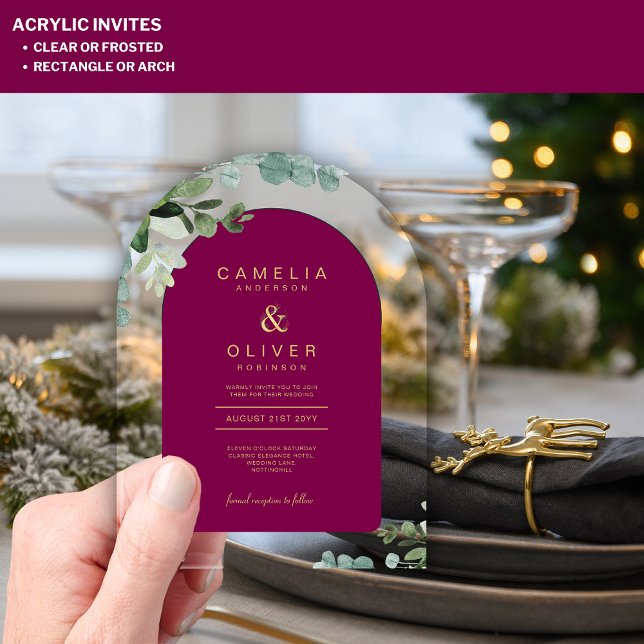 Zazzle Acrylic Wedding Magenta Blätter Gold Text Acryleinladungen (Von Creator hochgeladen)