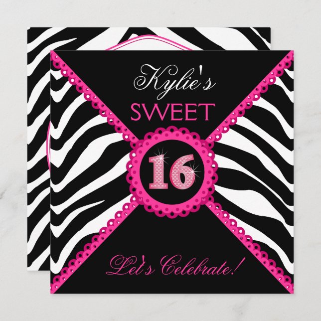 Zebra 16 . Geburtstag Pink Lace Bling Einladung (Vorne/Hinten)