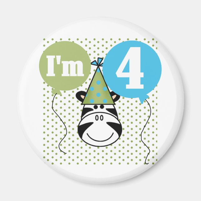 Zebra 4. Geburtstag T - Shirt und Geschenke Magnet (Vorne)