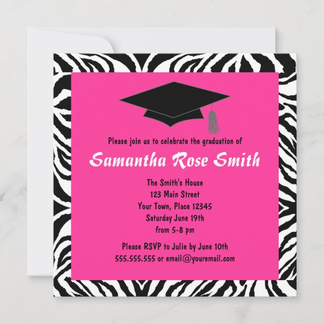 Zebra Animal Print Hot Pink Graduation Party Einladung (Vorderseite)