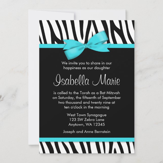 Zebra Aquamarin Blue Printed Bow Bat Mitzvah Einla Einladung (Vorderseite)