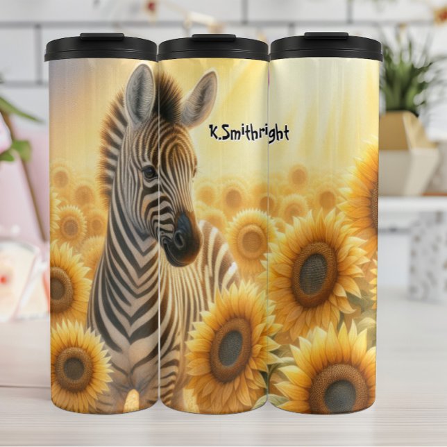 Zebra auf einem Sonnenblumenfeld Thermosbecher (Von Creator hochgeladen)