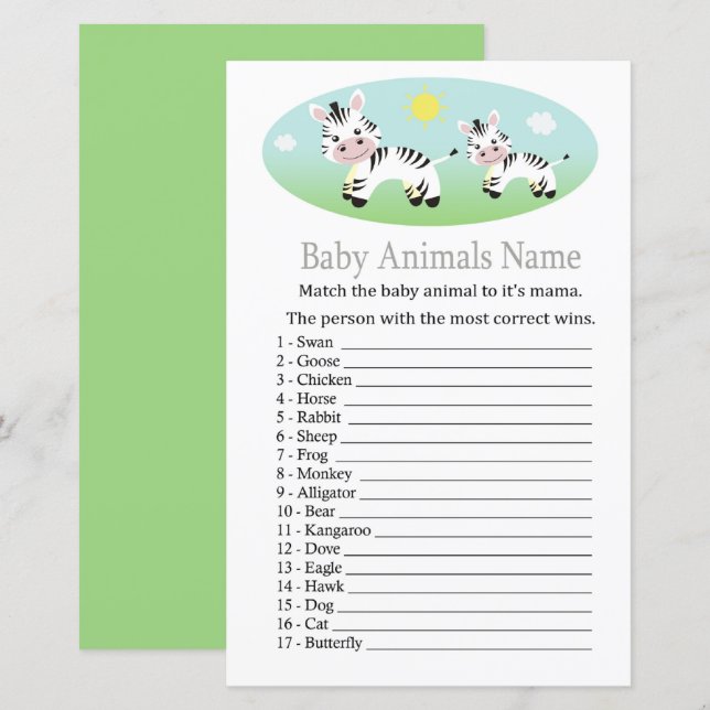 Zebra Baby Animals Name Game (Vorne/Hinten)