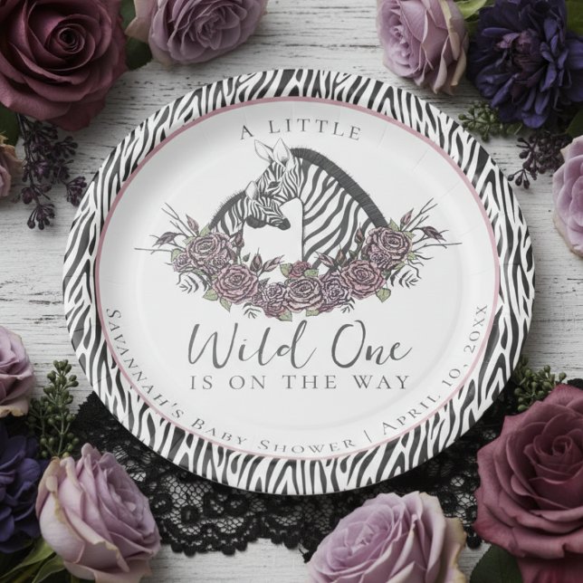 Zebra Baby Girl Floral Safari Shower Thank You Pappteller (A Little Wild One Is On The Way Zebra Baby Shower Paper Plates for Mother to Be. Gothic Pink Roses)
