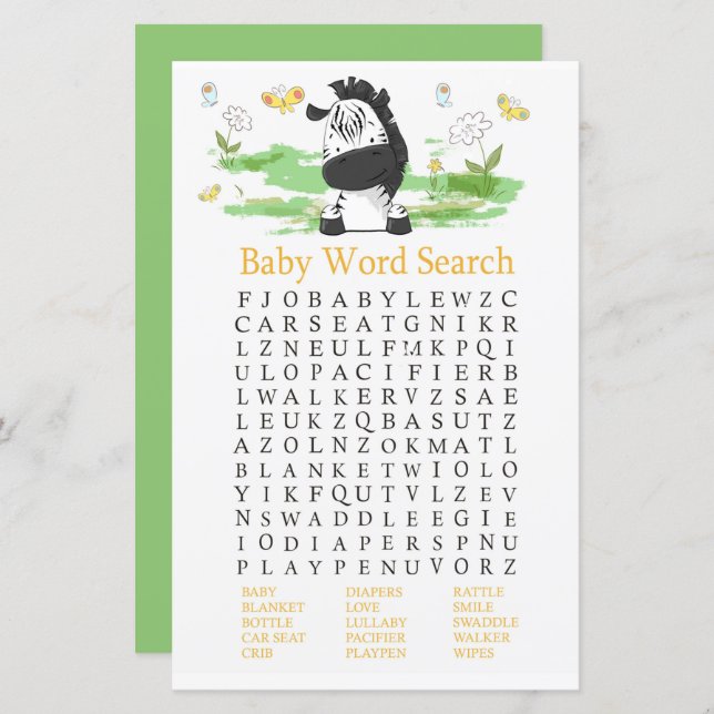 Zebra Baby Shooter Word Search Game (Vorne/Hinten)