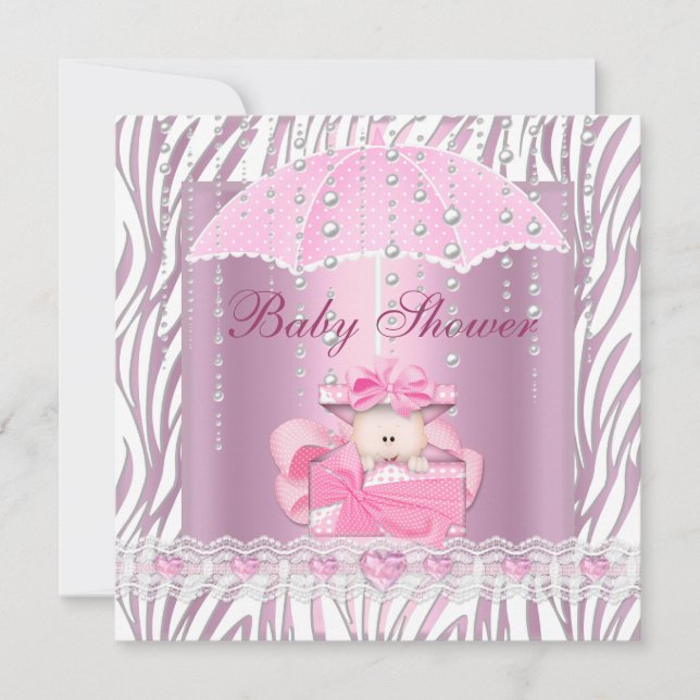 Zebra Baby Shower Girl Baby Pink Umbrella Weiß Einladung (Vorderseite)