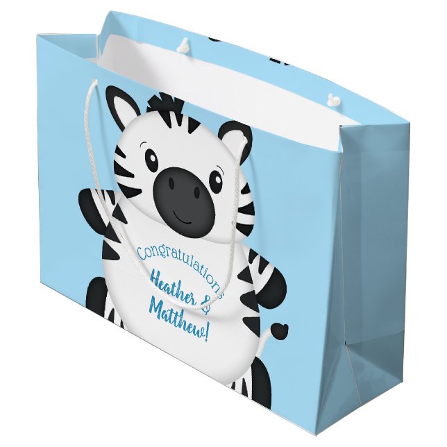 Zebra Baby Shower Safari Blue Boy Große Geschenktüte (Rückseite Schrägansicht)