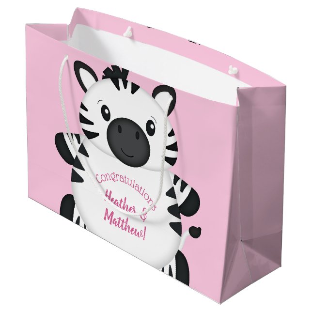 Zebra Baby Shower Safari Pink Girl Große Geschenktüte (Rückseite Schrägansicht)