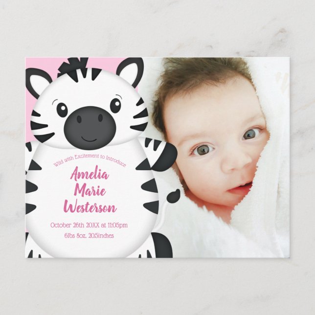 Zebra Baby Shower Safari Pink Girl Postkarte (Vorderseite)
