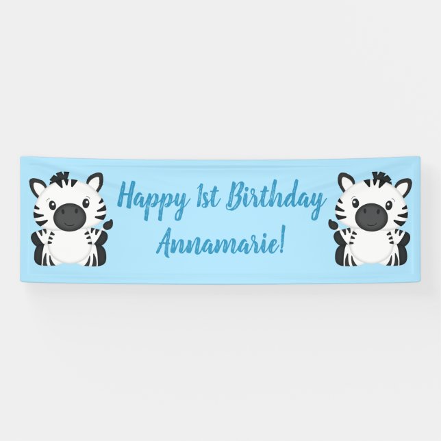 Zebra Birthday Party Blue Banner (Horizontal)
