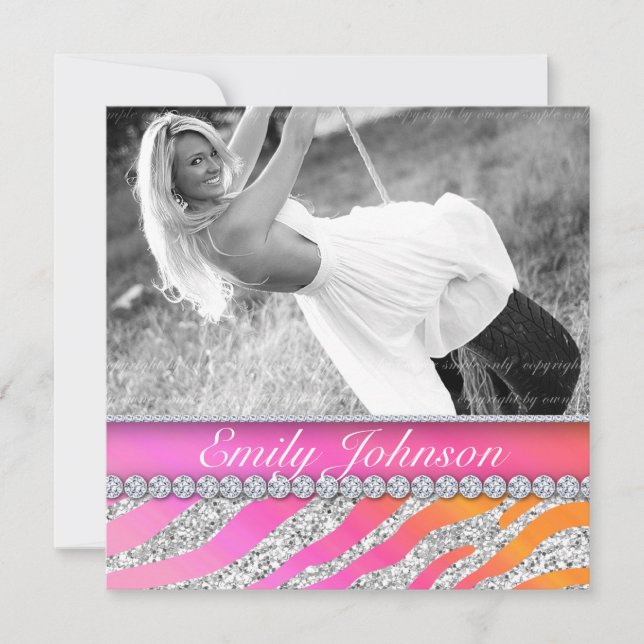 Zebra Birthday Party Rosa Orange Juwelen Einladung (Vorderseite)