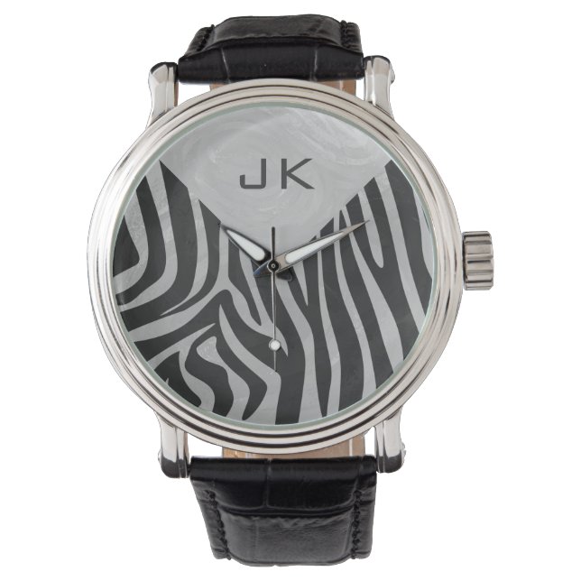 Zebra Black and Light Gray Monogram Armbanduhr (Vorderseite)