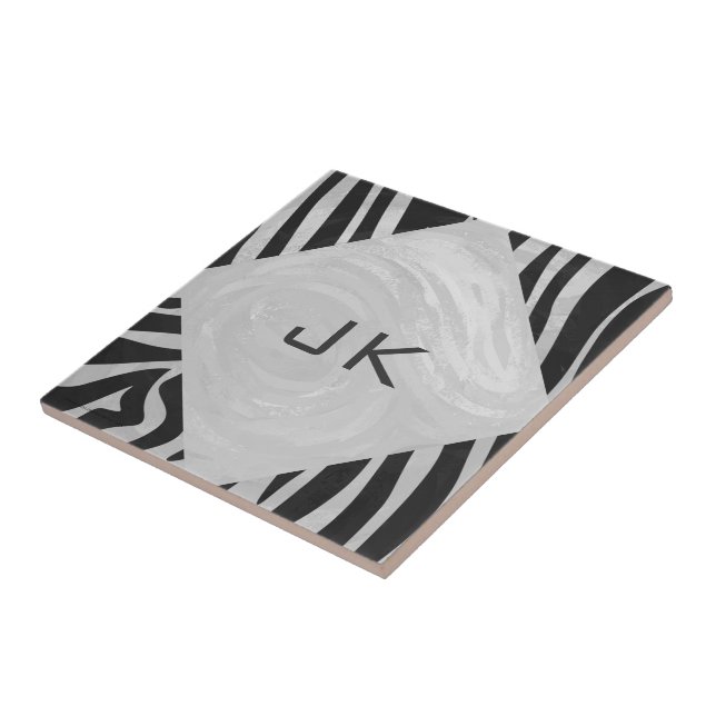 Zebra Black and Light Gray Monogram Fliese (Seite)