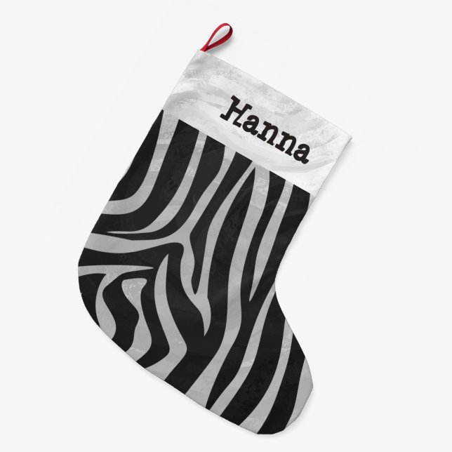 Zebra Black and Light Gray Print mit Namen Großer Weihnachtsstrumpf (Vorderansicht (hängend))
