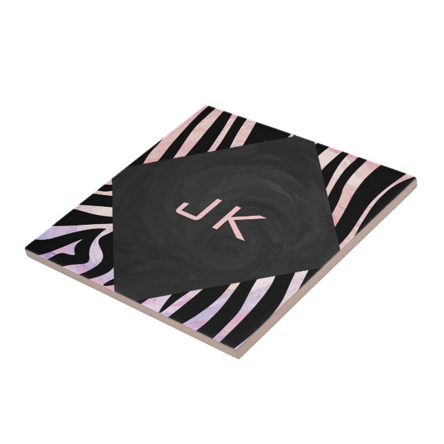 Zebra Black and Pink Monogram Fliese (Seite)