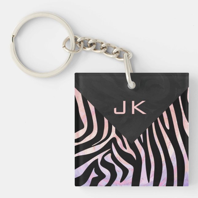 Zebra Black and Pink Monogram Schlüsselanhänger (Vorderseite)