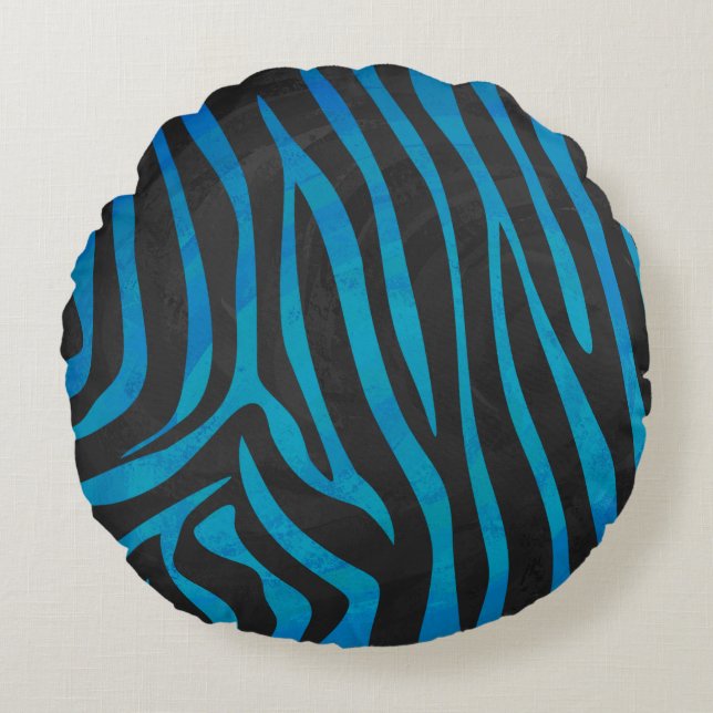 Zebra Black und Blue Print Rundes Kissen (Vorderseite)