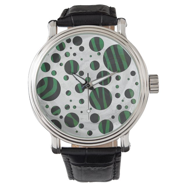 Zebra Black und Green Polka Dot Armbanduhr (Vorderseite)