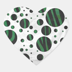 Zebra Black und Green Polka Dot Herz-Aufkleber