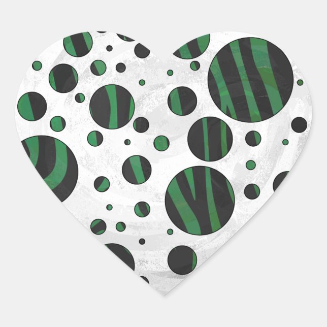 Zebra Black und Green Polka Dot Herz-Aufkleber (Vorderseite)