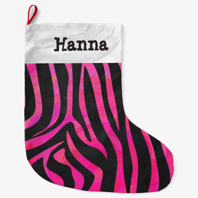 Zebra Black und Hot Pink Print Großer Weihnachtsstrumpf (Vorderseite)