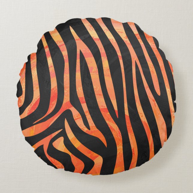 Zebra Black und Orange Print Rundes Kissen (Vorderseite)