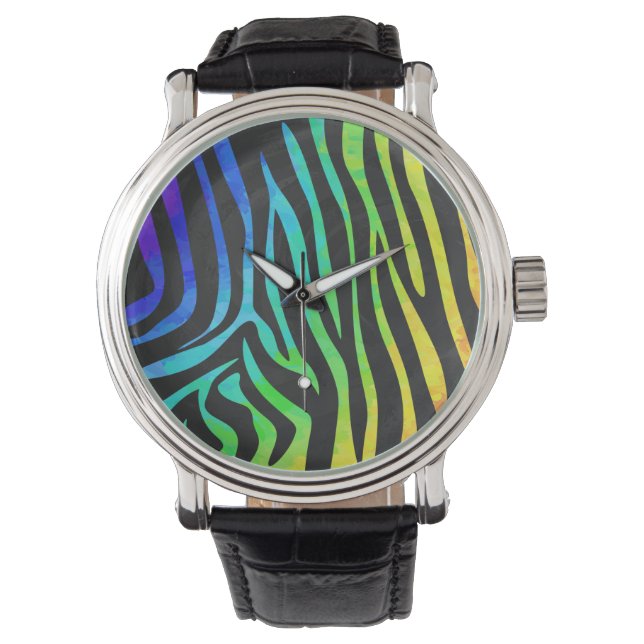 Zebra Black und Rainbow Print Armbanduhr (Vorderseite)