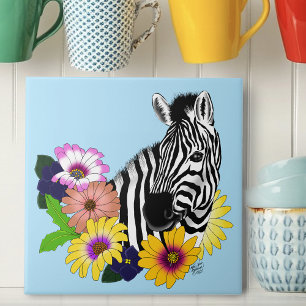 Zebra Blau Farbige Gänseblume Floral Wildlife Fliese