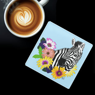 Zebra Blau Farbige Gänseblume Floral Wildlife Glasuntersetzer