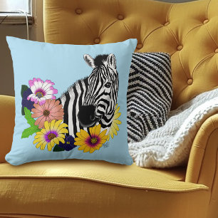 Zebra Blau Farbige Margerite Florale Tierwelt Kissen