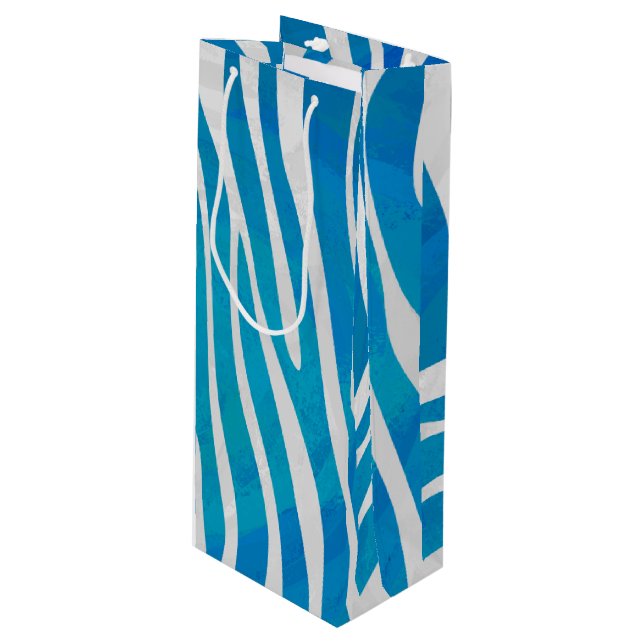 Zebra Blau und Weiß Geschenktüte Für Weinflaschen (Vorderseite Schrägansicht)