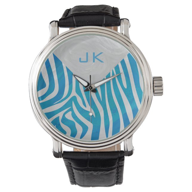 Zebra Blau und Weiß mit Monogramm Armbanduhr (Vorderseite)
