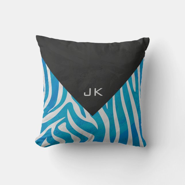 Zebra Blau und Weiß mit Monogramm Kissen (Vorderseite)