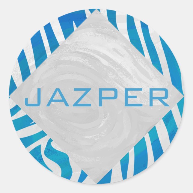 Zebra Blau und Weiß mit Monogramm Runder Aufkleber (Vorderseite)