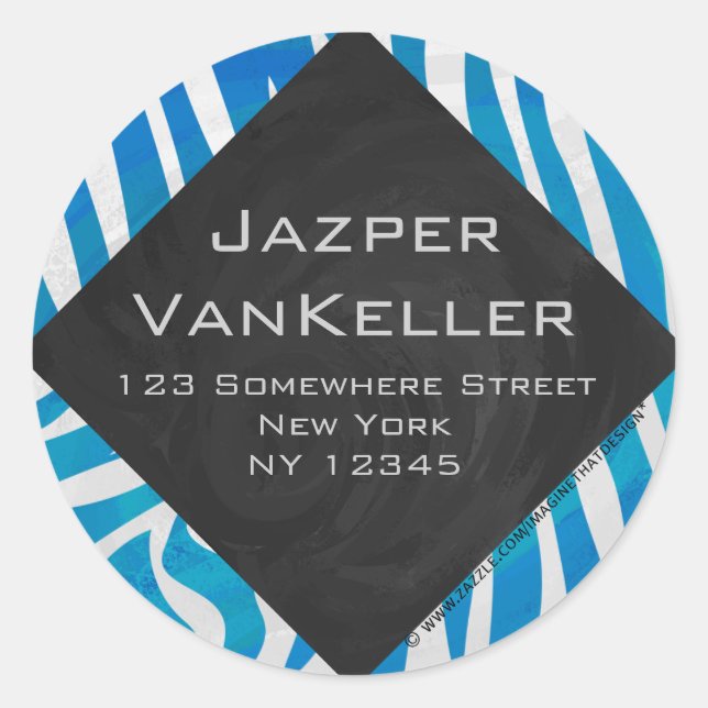 Zebra Blau und Weiß mit Monogramm Runder Aufkleber (Vorderseite)
