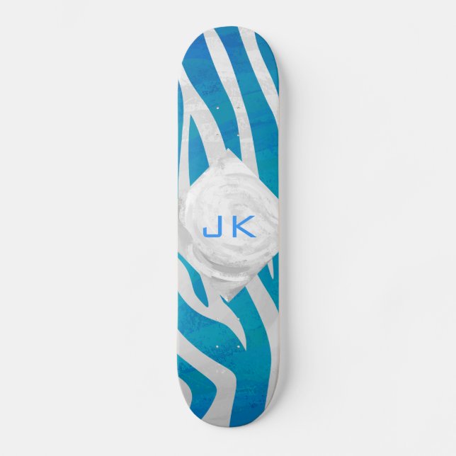 Zebra Blau und Weiß mit Monogramm Skateboard (Vorderseite)