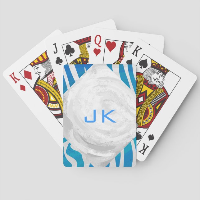 Zebra Blau und Weiß mit Monogramm Spielkarten (Rückseite)
