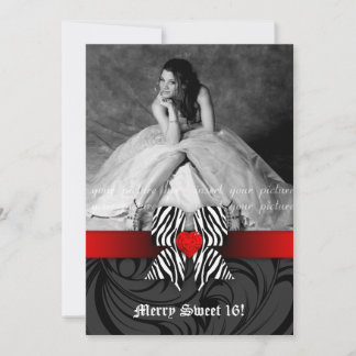 Zebra Bow Sweet 16 Party Einladende Foto-Card Rot Einladung