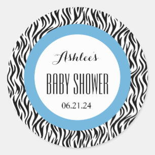 ZEBRA Boy Baby Shower Name Datum V04 BLUE BLACK Runder Aufkleber