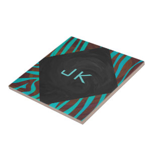 Zebra Braun und Türkis mit Monogramm Fliese